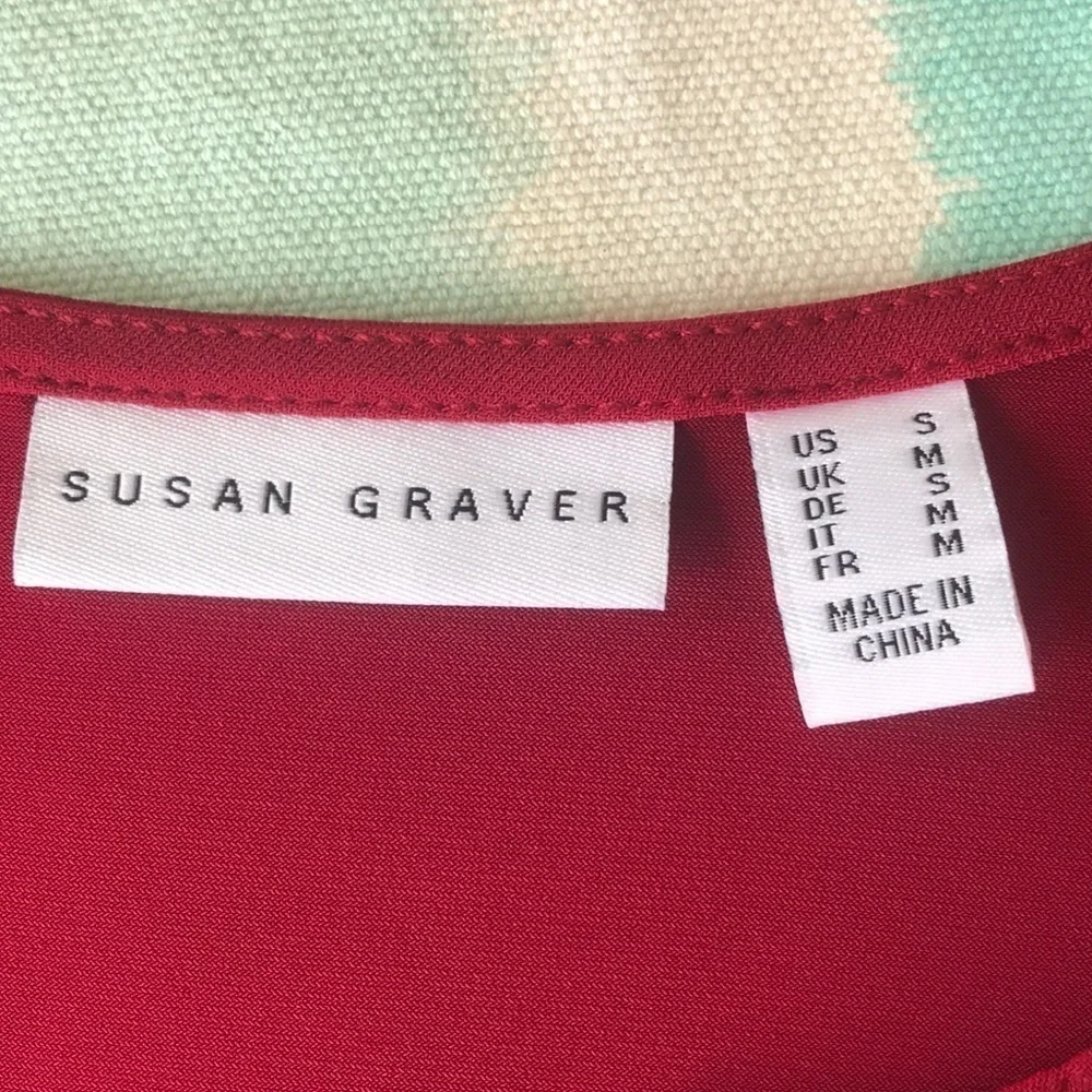 Susan Graver Red Embroidered V-Neck 3/4 Sleeve Stretch Top - Picture 5 of 8